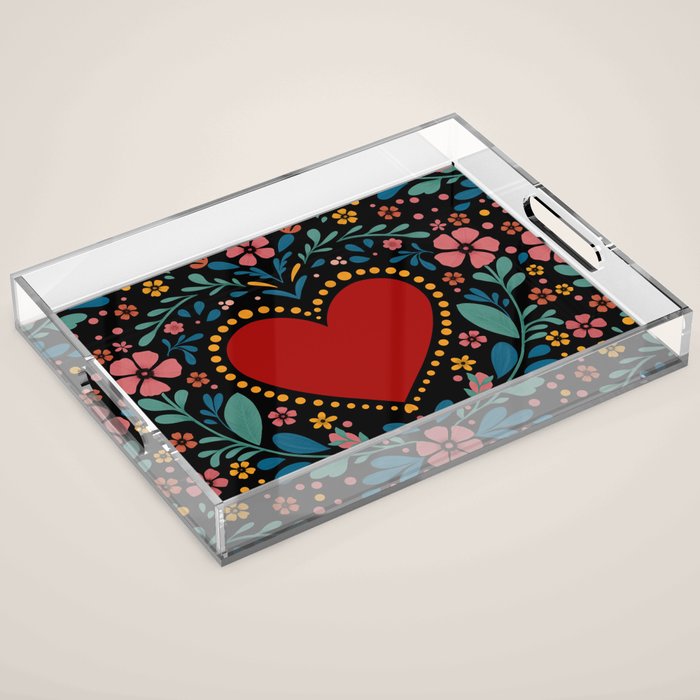 Heart with flolk flowers Acrylic Tray Gallery Image 1