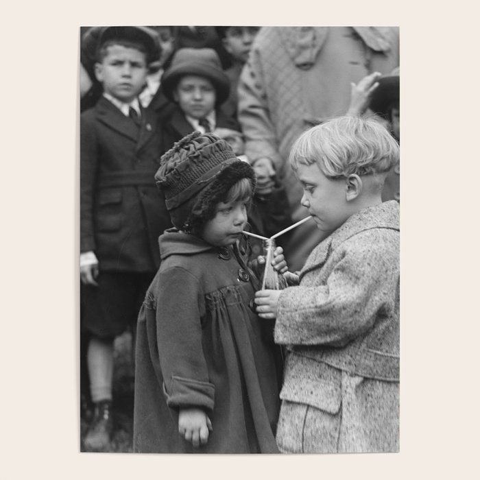 Sweet little boy and girl sharing a drink vintage funny humorous black and white photograph Poster Gallery Image 1