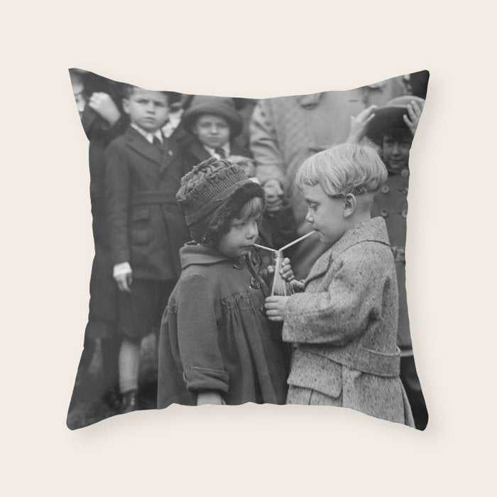 Sweet little boy and girl sharing a drink vintage funny humorous black and white photograph Throw Pillow Gallery Image 6