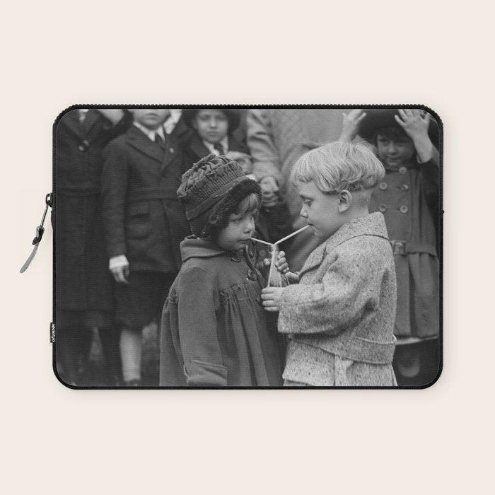 Sweet little boy and girl sharing a drink vintage funny humorous black and white photograph Laptop Sleeve Gallery Image 1