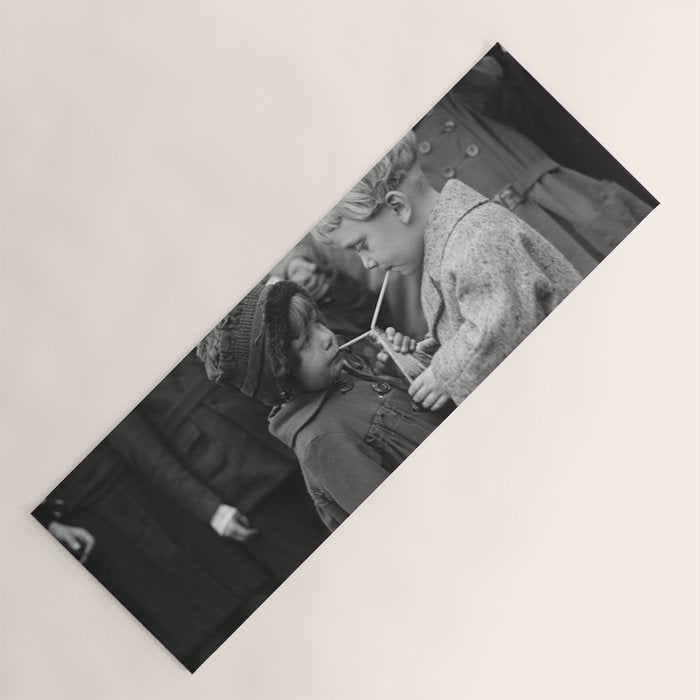 Sweet little boy and girl sharing a drink vintage funny humorous black and white photograph Yoga Mat Gallery Image 1