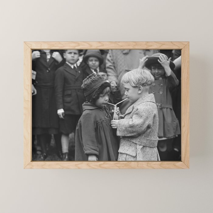 Sweet little boy and girl sharing a drink vintage funny humorous black and white photograph Mini Art Print Gallery Image 1