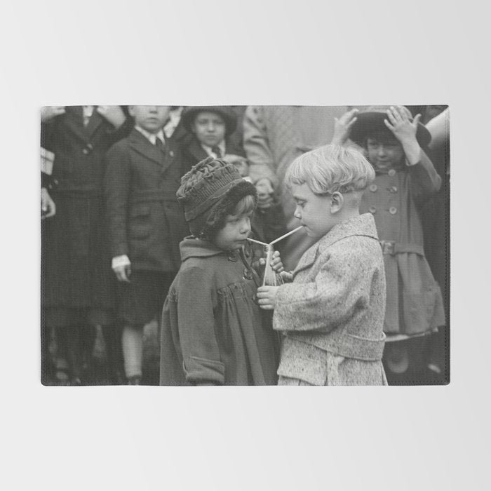 Sweet little boy and girl sharing a drink vintage funny humorous black and white photograph Rug Gallery Image 2