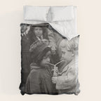 Sweet little boy and girl sharing a drink vintage funny humorous black and white photograph Duvet Cover Gallery Image 6