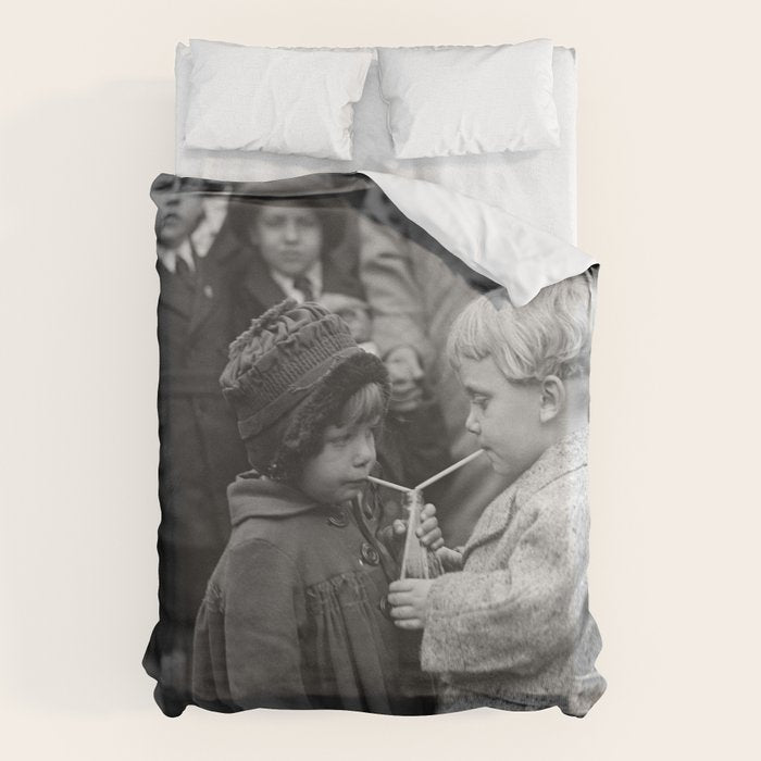 Sweet little boy and girl sharing a drink vintage funny humorous black and white photograph Duvet Cover Gallery Image 6