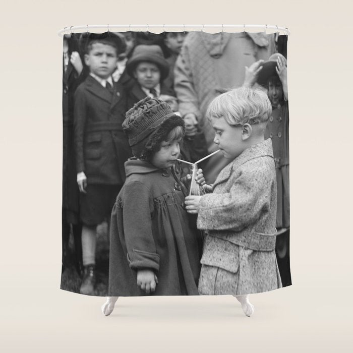 Sweet little boy and girl sharing a drink vintage funny humorous black and white photograph Shower Curtain Gallery Image 1
