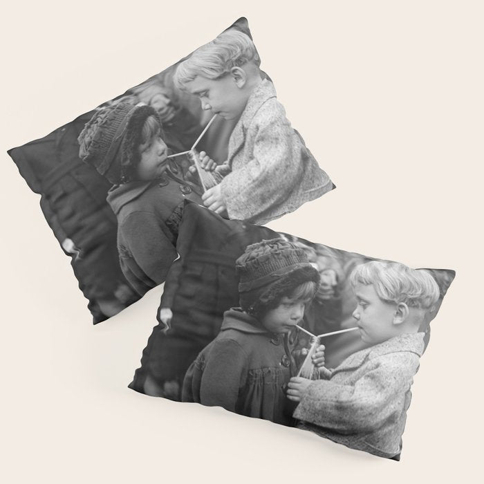 Sweet little boy and girl sharing a drink vintage funny humorous black and white photograph Pillow Sham Gallery Image 3