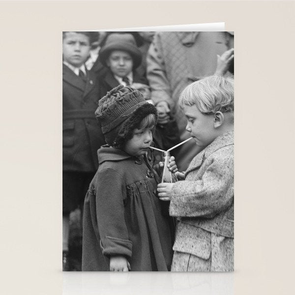 Sweet little boy and girl sharing a drink vintage funny humorous black and white photograph Stationery Card Gallery Image 2
