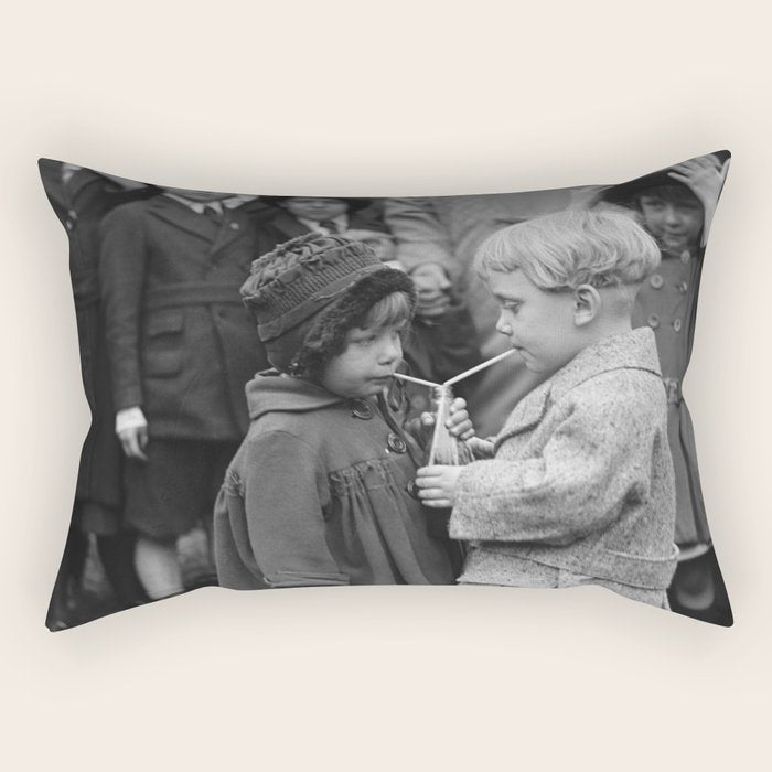 Sweet little boy and girl sharing a drink vintage funny humorous black and white photograph Rectangular Pillow Gallery Image 1