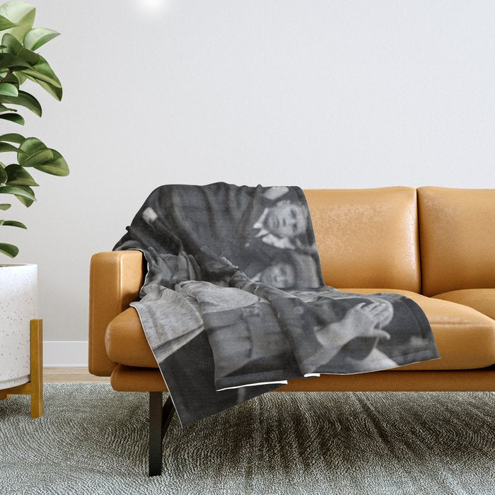 Sweet little boy and girl sharing a drink vintage funny humorous black and white photograph Throw Blanket Gallery Image 1