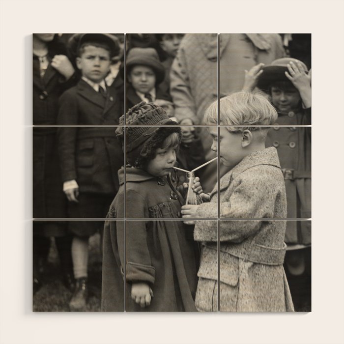 Sweet little boy and girl sharing a drink vintage funny humorous black and white photograph Wood Wall Art Gallery Image 2