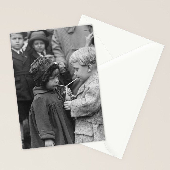Sweet little boy and girl sharing a drink vintage funny humorous black and white photograph Stationery Card Gallery Image 2