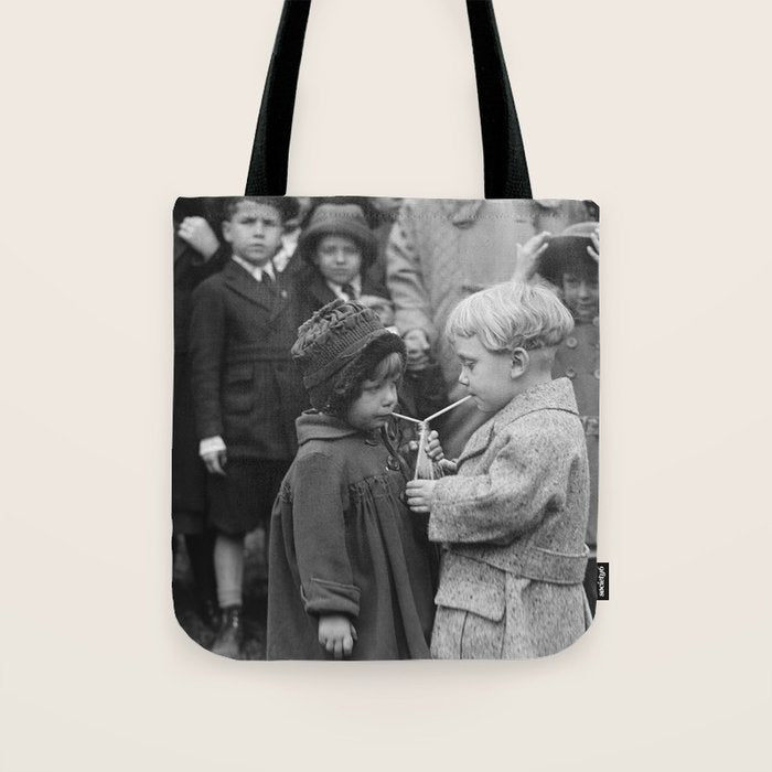 Sweet little boy and girl sharing a drink vintage funny humorous black and white photograph Tote Bag Gallery Image 1