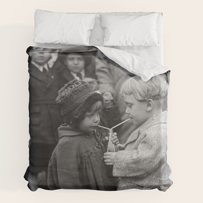 Sweet little boy and girl sharing a drink vintage funny humorous black and white photograph Duvet Cover Gallery Image 2