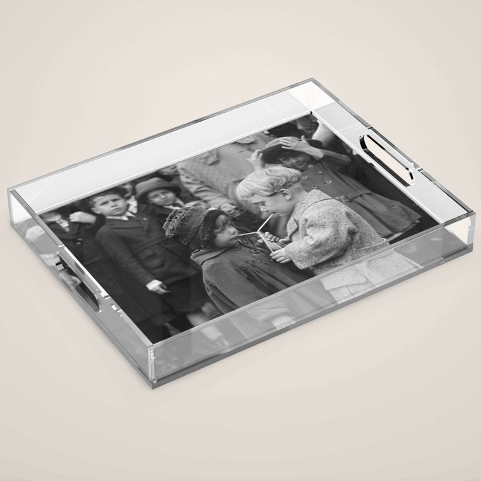 Sweet little boy and girl sharing a drink vintage funny humorous black and white photograph Acrylic Tray Gallery Image 1