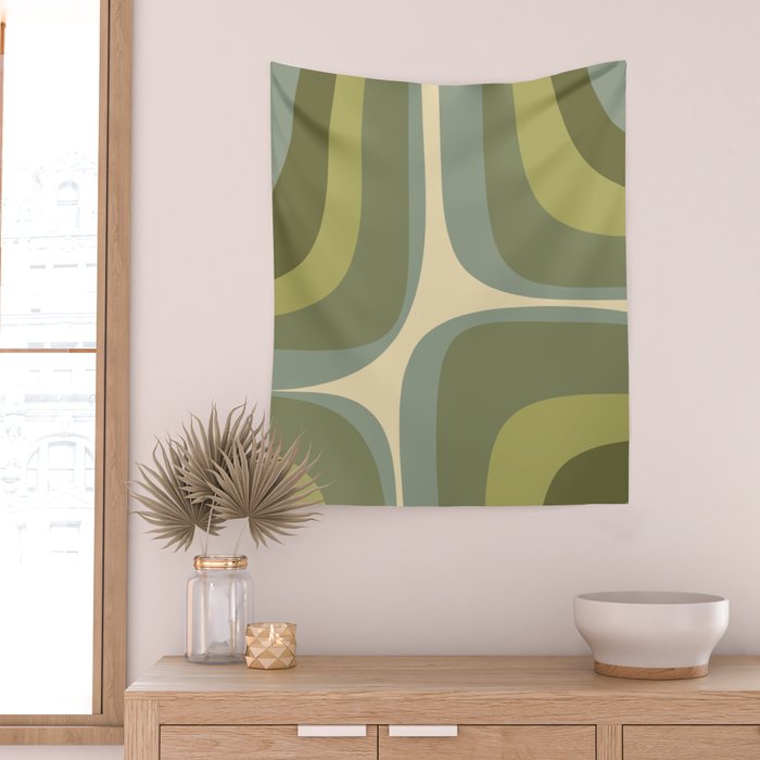 Retro Groove Minimalist Abstract in Olive Green Tones Wall Tapestry Gallery Image 2