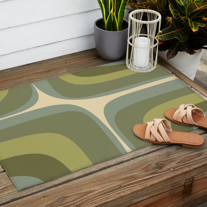 Retro Groove Minimalist Abstract in Olive Green Tones Outdoor Rug Gallery Image 2