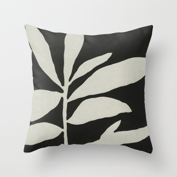 Linocut Branch #3 / White & Black Throw Pillow Gallery Image 1