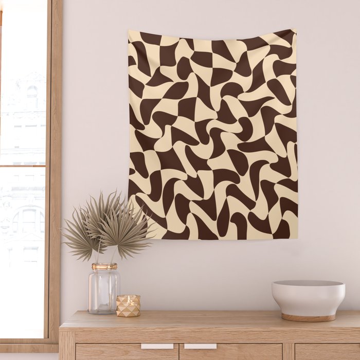 Wavy Checkerboard in Brown & Cream Wall Tapestry Gallery Image 2