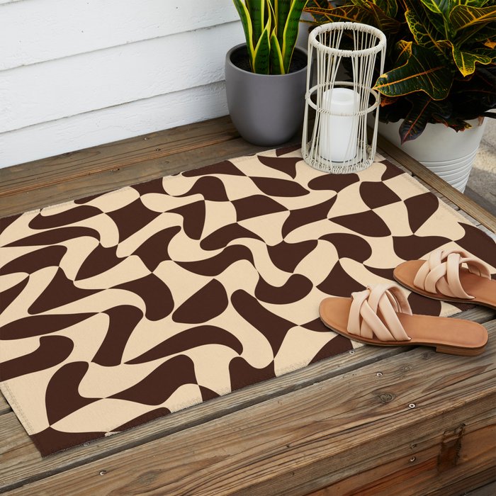 Wavy Checkerboard in Brown & Cream Outdoor Rug Gallery Image 2