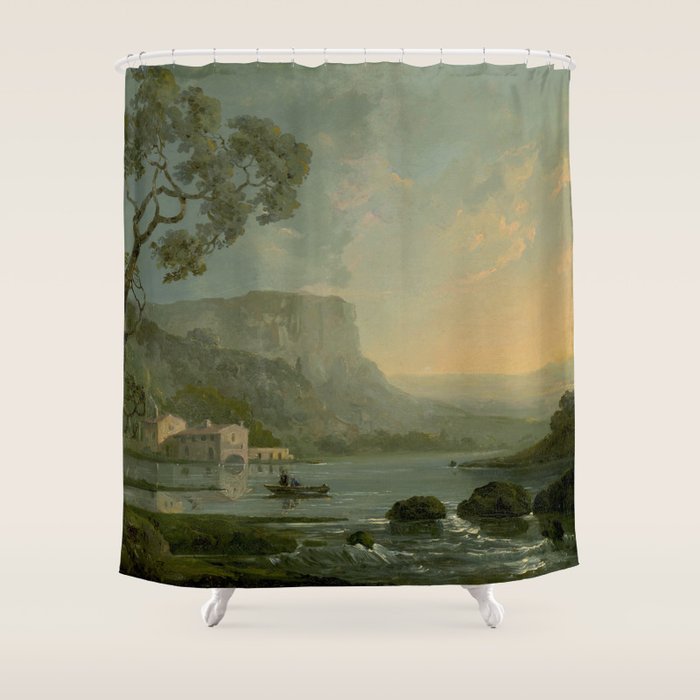Landscape with Fishermen on a Lake by William Hodges Shower Curtain Gallery Image 1