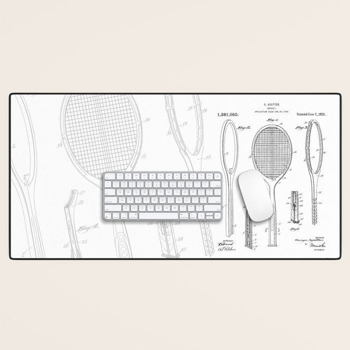 Tennis Racket Patent - Tennis Lover Coach Player Fan Art - White Desk Mat Gallery Image 1