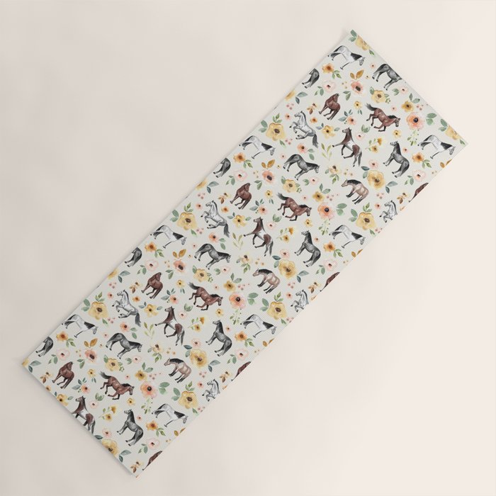 Horses and Flowers, Sunrise Floral, Cream, Horse Print, Horse Illustration, Pink and Yellow, Equestrian, Little Girls Yoga Mat Gallery Image 1