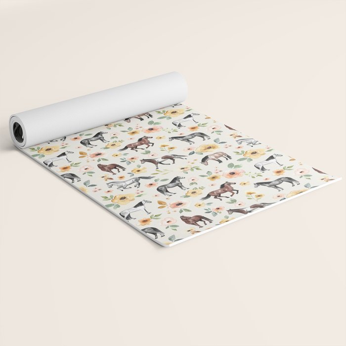 Horses and Flowers, Sunrise Floral, Cream, Horse Print, Horse Illustration, Pink and Yellow, Equestrian, Little Girls Yoga Mat Gallery Image 2