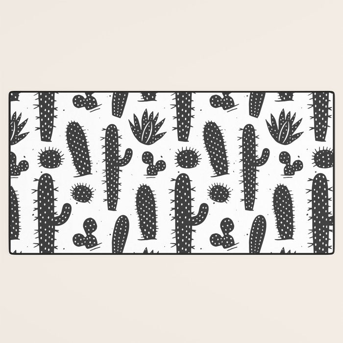 Retro black and white cactus plant pattern Desk Mat Gallery Image 3