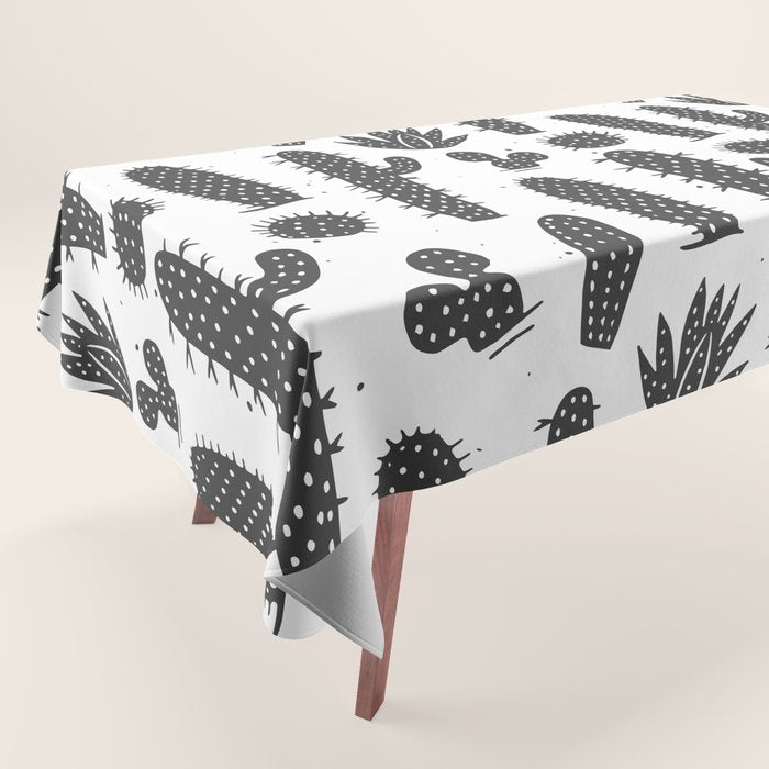 Retro black and white cactus plant pattern Tablecloth Gallery Image 1