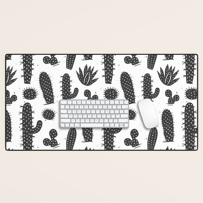 Retro black and white cactus plant pattern Desk Mat Gallery Image 1