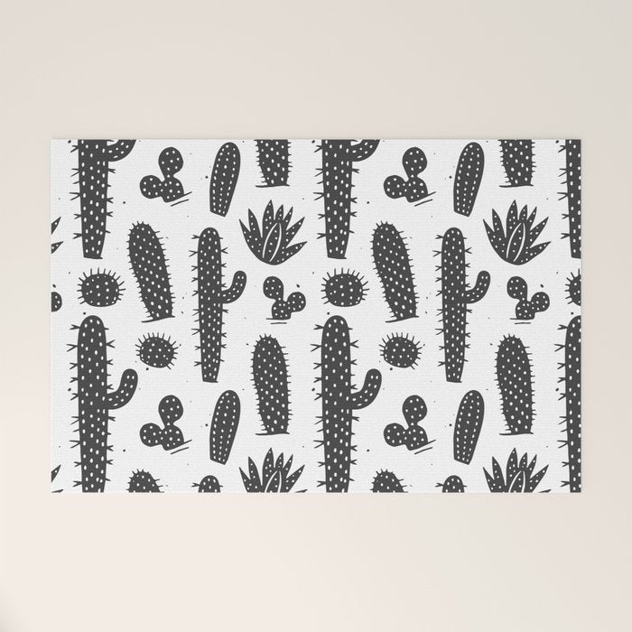 Retro black and white cactus plant pattern Welcome Mat Gallery Image 1
