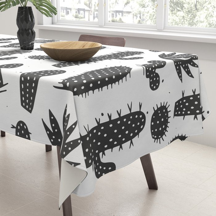 Retro black and white cactus plant pattern Tablecloth Gallery Image 3