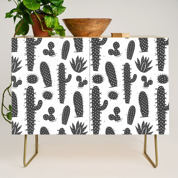 Retro black and white cactus plant pattern Credenza Gallery Image 1