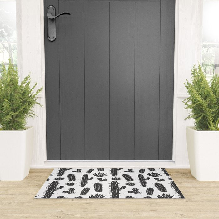 Retro black and white cactus plant pattern Welcome Mat Gallery Image 3