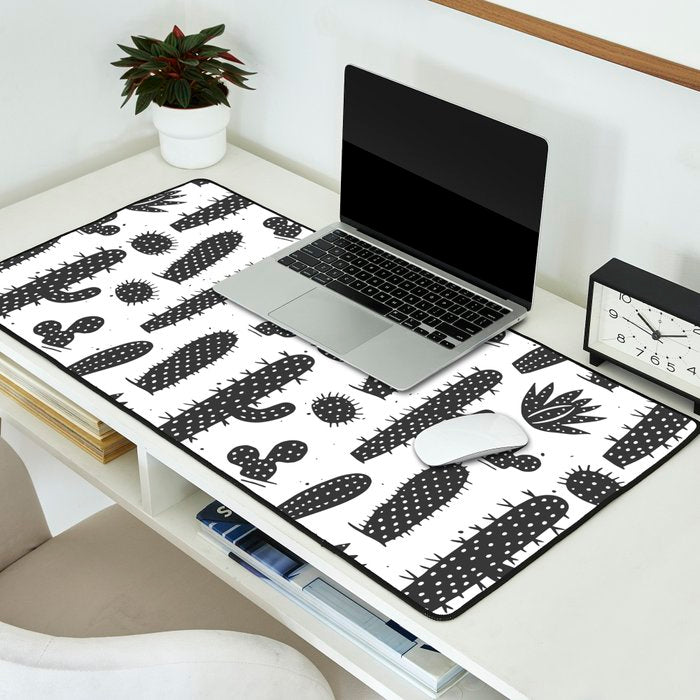 Retro black and white cactus plant pattern Desk Mat Gallery Image 2