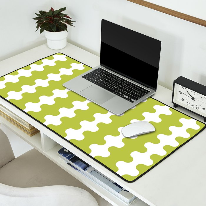 Wavy Stripes Chartreuse Lime and White Ogee A-Go-Go Retro Contemporary Pattern Desk Mat Gallery Image 2