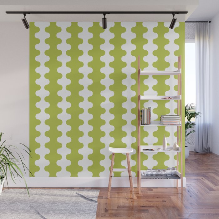Wavy Stripes Chartreuse Lime and White Ogee A-Go-Go Retro Contemporary Pattern Wall Mural Gallery Image 1