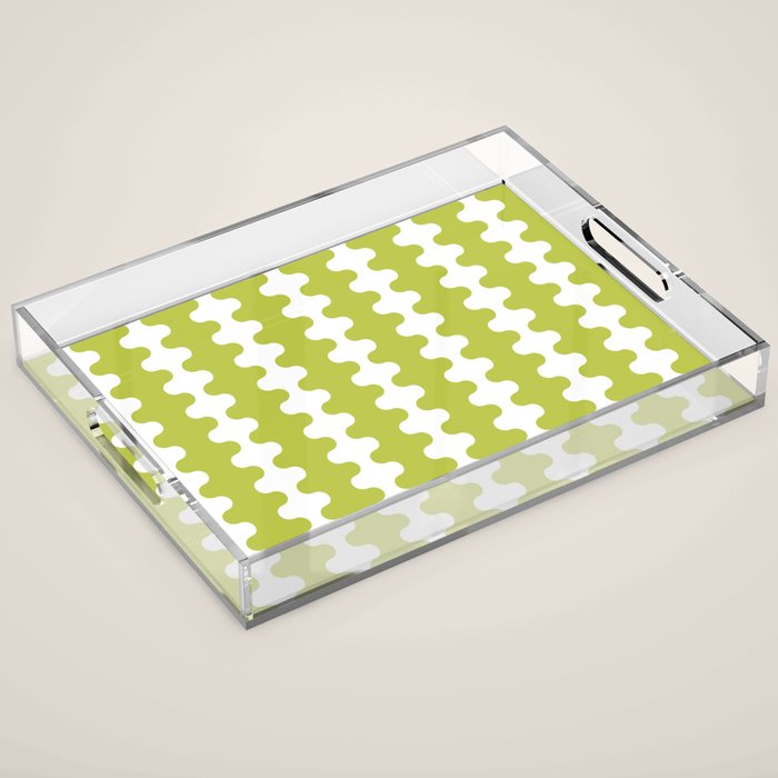 Wavy Stripes Chartreuse Lime and White Ogee A-Go-Go Retro Contemporary Pattern Acrylic Tray Gallery Image 1