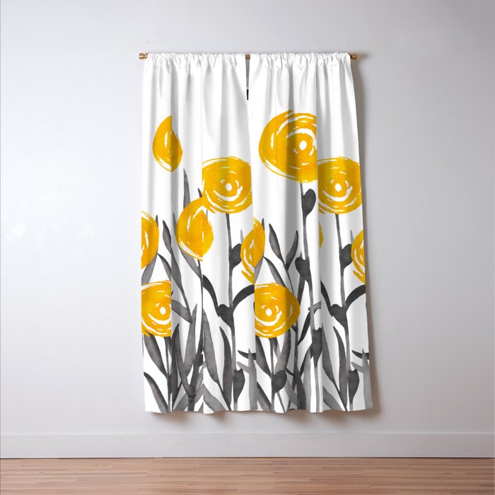 Fall Sunshine, Floral Watercolor Print, Yellow and Gray Window Curtain Gallery Image 3
