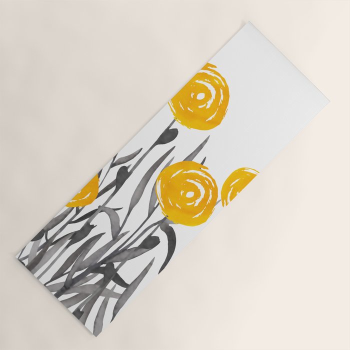 Fall Sunshine, Floral Watercolor Print, Yellow and Gray Yoga Mat Gallery Image 1