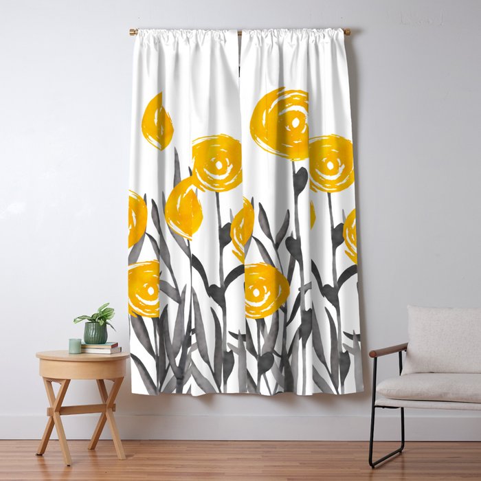 Fall Sunshine, Floral Watercolor Print, Yellow and Gray Window Curtain Gallery Image 5