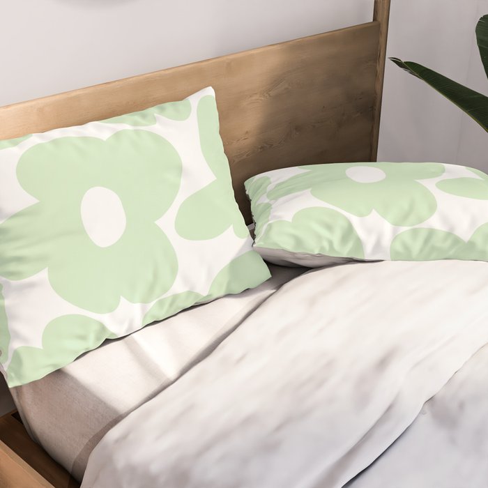 Large Baby Green Retro Flowers White Background #decor #society6 #buyart Pillow Sham Gallery Image 2
