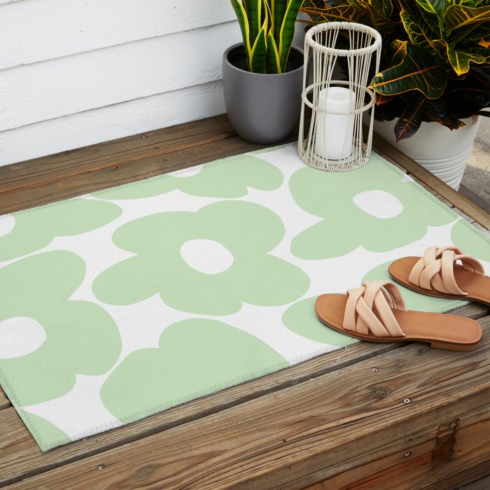 Large Baby Green Retro Flowers White Background #decor #society6 #buyart Outdoor Rug Gallery Image 2