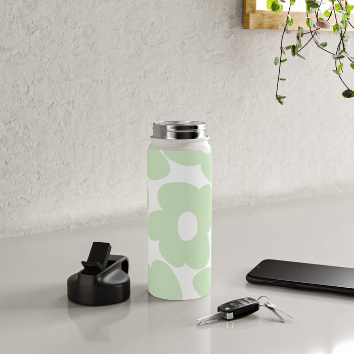 Large Baby Green Retro Flowers White Background #decor #society6 #buyart Water Bottle Gallery Image 4
