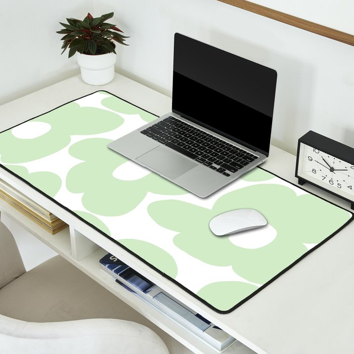 Large Baby Green Retro Flowers White Background #decor #society6 #buyart Desk Mat Gallery Image 2