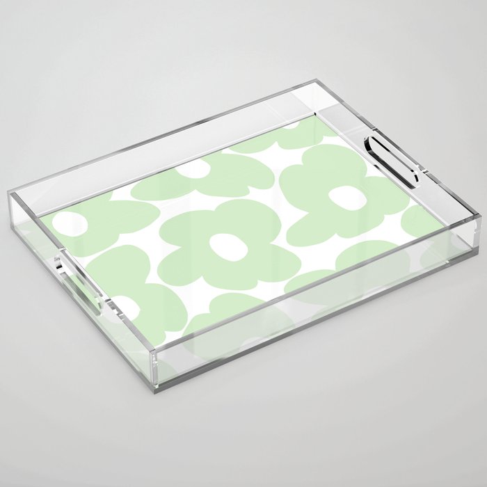 Large Baby Green Retro Flowers White Background #decor #society6 #buyart Acrylic Tray Gallery Image 1