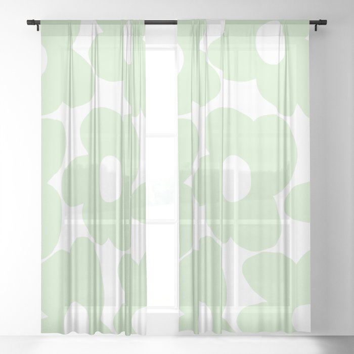 Large Baby Green Retro Flowers White Background #decor #society6 #buyart Window Curtain Gallery Image 3