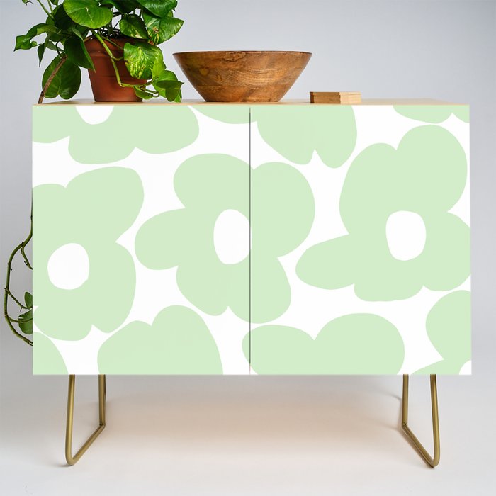 Large Baby Green Retro Flowers White Background #decor #society6 #buyart Credenza Gallery Image 1