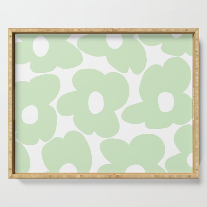 Large Baby Green Retro Flowers White Background #decor #society6 #buyart Serving Tray Gallery Image 1
